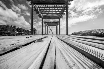 dramatic black and white image of a wooden pier and lifeguard chair on the caribbean shore in Los Patos, Dominican republic.