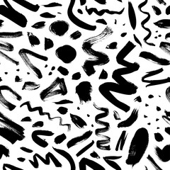 Zig zag, swirls and dots vector seamless pattern. Hand drawn brush strokes abstract background.