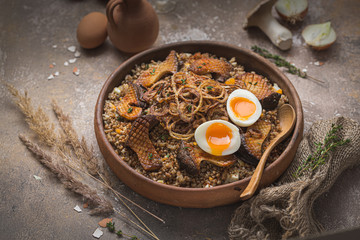 Buckwheat pilaf with mushrooms, onion and eggs