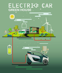 Green energy an eco friendly modern house. Solar, wind power. Vector concept illustration. Mini electric car charging system. Ecologically clean transport.