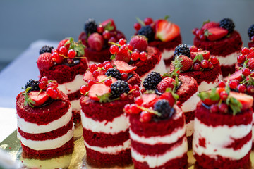 Red velvet mini cakes with blackberry close up