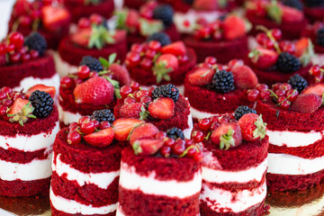 Red velvet mini cakes with blackberry close up
