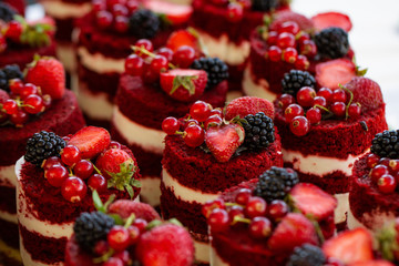 Red velvet mini cakes with blackberry close up