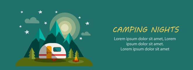 Camping Nights Banner with Moon, Trees, Fire and Stars