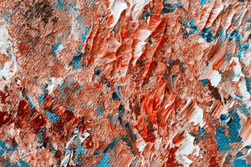 Bright spots and smears of oil painting on canvas, paint samples, texture in bright colors close-up. For the background