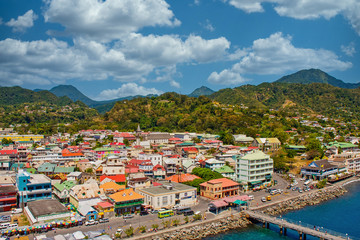 ROSSEAU, DOMINICA - April 7, 2011: The Commonwealth of Dominica, is an Island country in the West Indies which has become a popular cruise ship destination. - obrazy, fototapety, plakaty