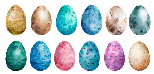 Realistic Eggs pattern on white background, Hand drawn watercolor eggs. Easter collection