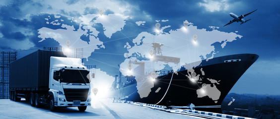 The world logistics , there are world map with logistic network distribution on background and...