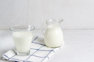 Homemade fermented drink - kefir or bulgaros on a white background with copy space