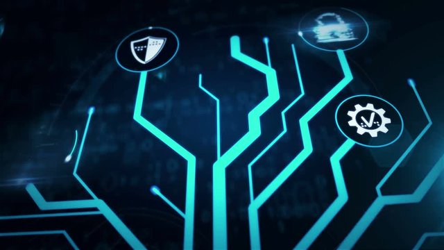 Growing digital tree with cyber security, digital protection, cyberspace and computer safety symbols 3d rendering abstract concept animation. Futuristic icons modern background.