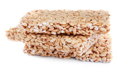 Delicious rice crispy treats on white background