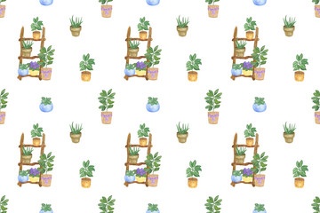 Repeat pattern of watercolor houseplants on a wooden ladder, hand drawn illustration of ficus, aloe vera, violet, homeplants