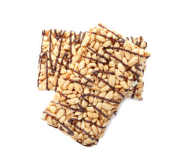Delicious rice crispy treats isolated on white, top view