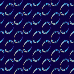 Seamless wallpaper. Small multicolored curved fancy fish in doodle style form a diagonal pattern in the shape of ellipses on a dark blue background. Vector tracery with glow effect and color gradient