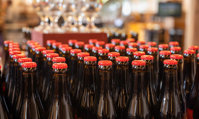 Many Belgian beer bottles in abbey shop