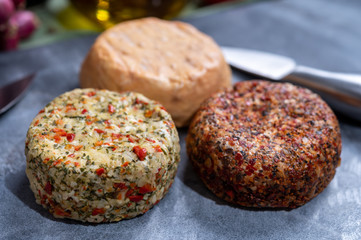 Different french soft goat cheeses made with spices and herbs