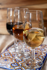 Fortified wine from Andalusia, Spain, different types of sherry in glasses, colors of Andalusisa