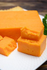 Leicestershire cheese or red leicester, British hard cheese made from cow milk