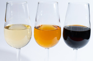 Fortified wine from Andalusia, Spain, different types of sherry in glasses on white background