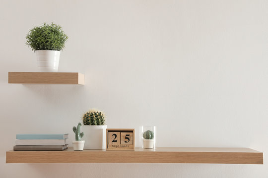 Wooden shelves with beautiful plants and calendar on light wall