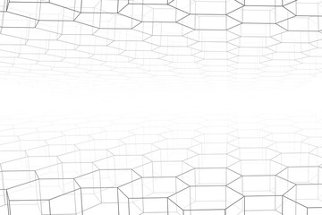 Perspective grid hexagonal surface.Linear 3d illustration.