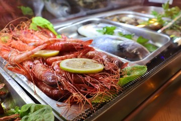 close up of the bar of a bar in Spain Seafood and fresh fish.