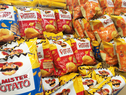 KUALA LUMPUR, MALAYSIA -FEBRUARY 17, 2020: Potato chips or potato chips form Mr Potato brands in commercial pacaging. Display for sale to customer in the supermarket. 