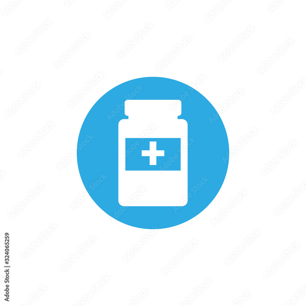 Sticker bottle of pills, block and flat style icon