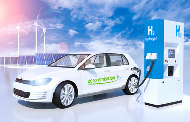 hydrogen logo on gas station. h2 combustion engine for emission free ecofriendly transport.
