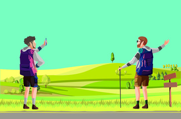 an illustration of the hikers. landscape with a green hill background.
