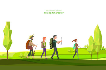 an illustration of the hikers. landscape with a green hill background.