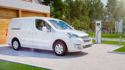 Electric van charging with private home charger 3d rendering