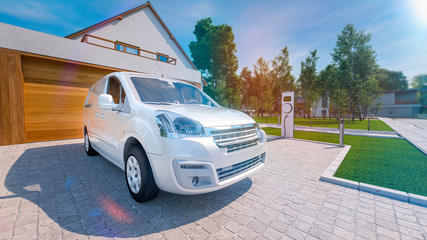 Electric van charging with private home charger 3d rendering