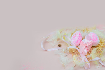 Easter egg with pink bow. Funny decoration. Happy Easter. Let flay, free place for text.