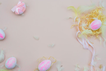 Easter egg with pink bow. Funny decoration. Happy Easter. Let flay, free place for text.