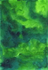 Deep green abstract watercolor background, wet smear. Green and emerald smudges of paint. Hand drawn splashes with free space for text