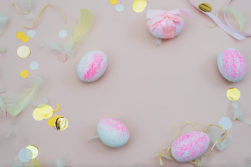 Easter egg with pink bow. Funny decoration. Happy Easter. Let flay, free place for text.