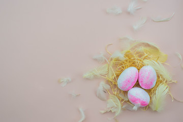 Easter egg with pink bow. Funny decoration. Happy Easter. Let flay, free place for text.