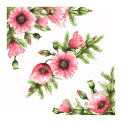 Watercolor border and flower arrangement with poppies