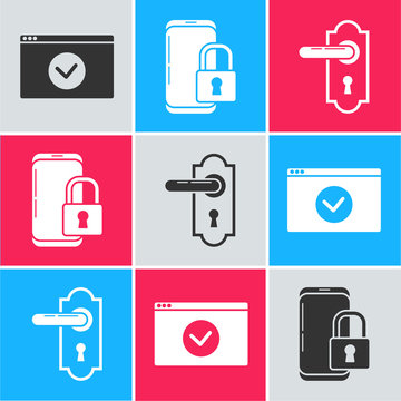 Set Secure your site with HTTPS, SSL, Smartphone with closed padlock and Door handle icon. Vector