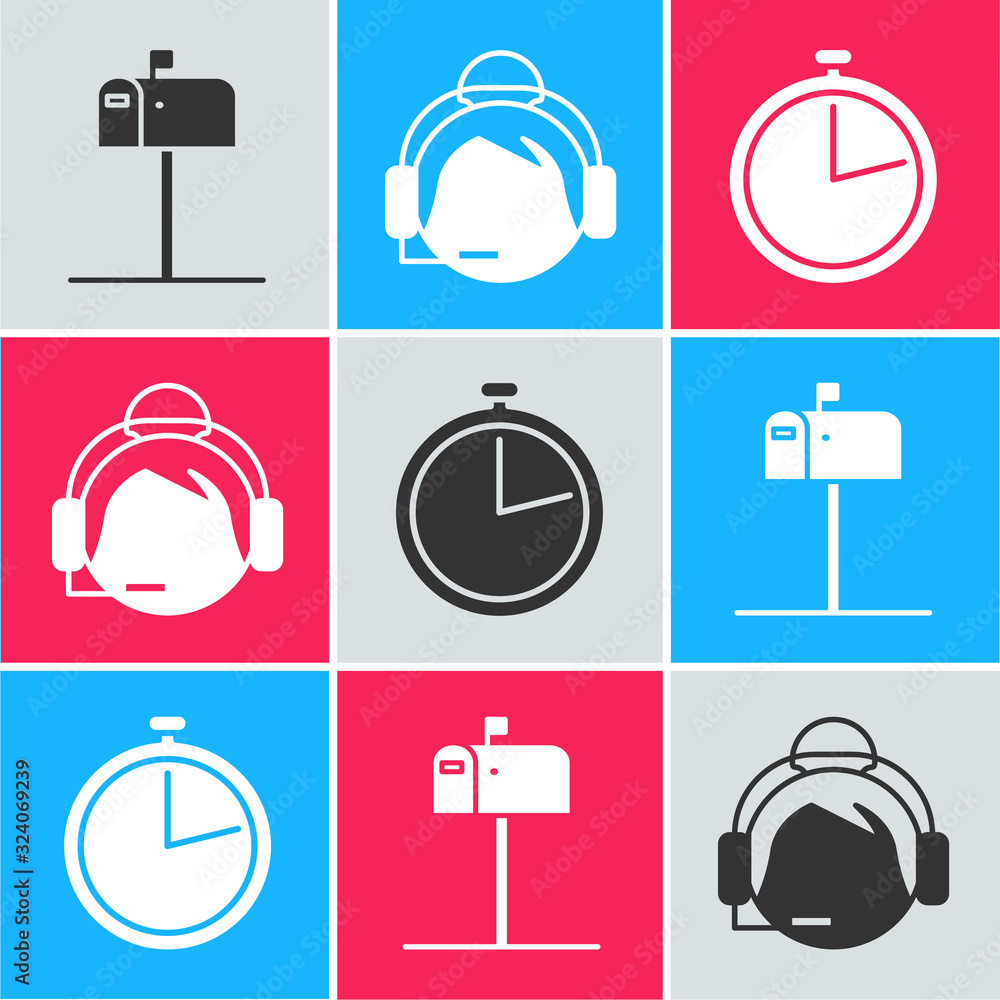 Poster set open mail box , support operator in touch and stopwatch icon. vector