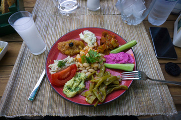 Traditional Turkish appetizers with cold raki on plate.