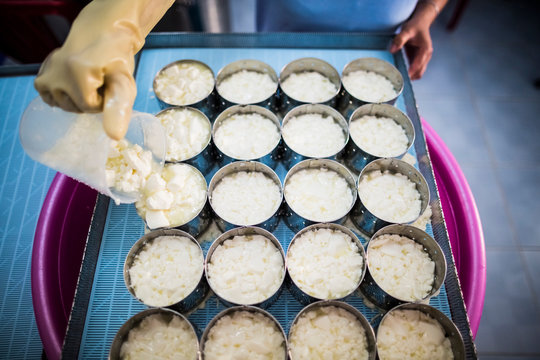 High angle close up of cheese-making, portioning of Camembert cheese into molds.,Dalat