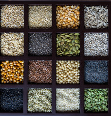 Top down view of a box with compartments of different seeds and grains.