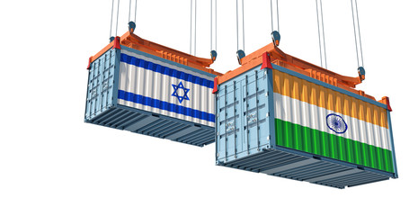 Freight container with India and Israel flag. Isolated on white for compositing. 3D Rendering