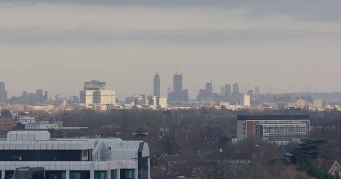 Hounslow, UK - January 10 2020: A distant view of the towers of Vauxhall, Battersea Power Station and the surrounding area in south London
