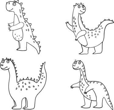 Set of vector illustrations of sketch black and white  primitive dinosaurs.  Hand drawn illustration. Children's drawings style.