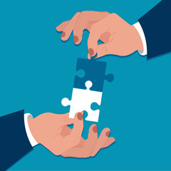 Team work concept, hands and puzzles, vector illustration