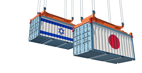 Freight container with Japan and Israel flag. Isolated on white for compositing. 3D Rendering