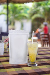 Mocap for your logo or brand. packaging of coffee, tea as a template for design. Box with a clean side. Travel theme still life with fruit